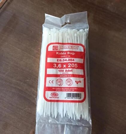 Pemsan3.6X205B Plastik Cırt Kelepçe Kablo Bağı BEYAZ 100'Lu Paket Pemsan