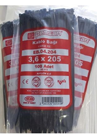 Pemsan3.6X205 Plastik Cırt Kelepçe Kablo Bağı SİYAH 100'Lu Paket Pemsan