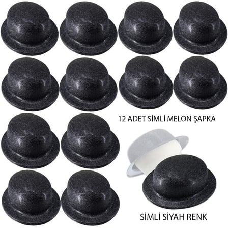 Siyah Renk Simli Melon Yuvarlak Parti Şapkası 12 Adet Kutlama Aksesuarı Davet Ürünü Etkinlik Gereci