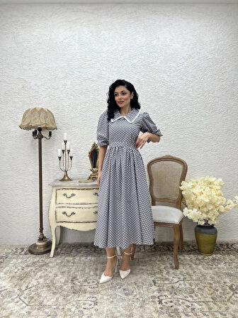 Yakalı Gri Puantiyeli Beyaz Dantelli Kloş Elbise