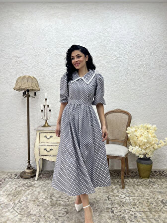 Yakalı Gri Puantiyeli Beyaz Dantelli Kloş Elbise