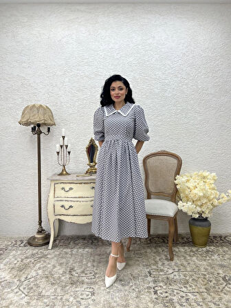 Yakalı Gri Puantiyeli Beyaz Dantelli Kloş Elbise