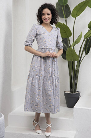 Gri Renk V Yaka Midi Boy Bahar Dalı Poplin Elbise