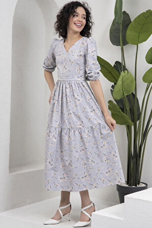 Gri Renk V Yaka Midi Boy Bahar Dalı Poplin Elbise