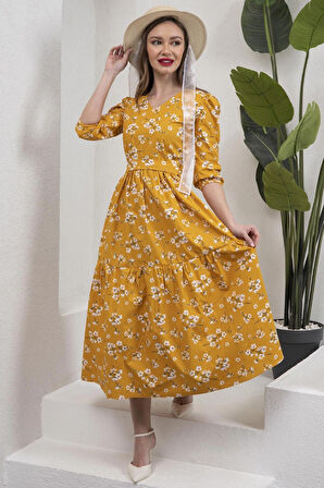 Hardal Rengi V Yaka Midi Boy Bahar Dalı Poplin Elbise