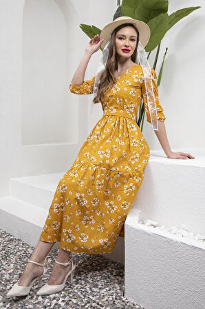 Hardal Rengi V Yaka Midi Boy Bahar Dalı Poplin Elbise