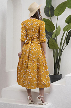 Hardal Rengi V Yaka Midi Boy Bahar Dalı Poplin Elbise