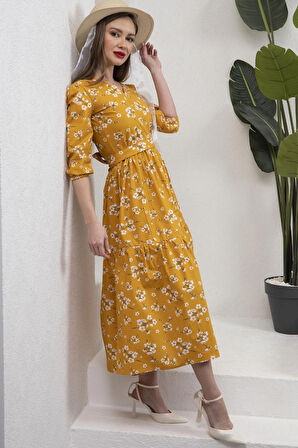Hardal Rengi V Yaka Midi Boy Bahar Dalı Poplin Elbise