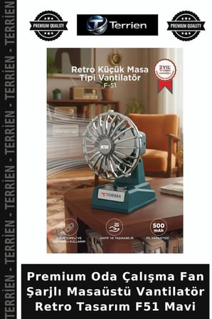Premium Oda Çalışma Fan Şarjlı Masaüstü Vantilatör Retro Tasarım F51 Mavi