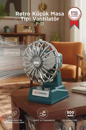 Premium Oda Çalışma Fan Şarjlı Masaüstü Vantilatör Retro Tasarım F51 Mavi