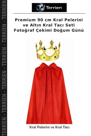 Premium 90 cm Kral Pelerini ve Altın Kral Tacı Seti Fotoğraf Çekimi Doğum Günü