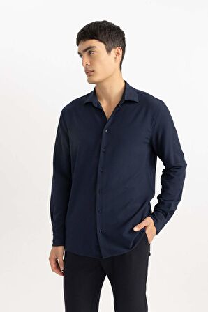 DeFacto Modern Fit Polo Yaka Basic Düz Krinkıl Uzun Kollu Gömlek B7384AX24SPNV64