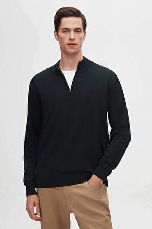Slim Fit Haki Yarım Fermuarlı Triko Kazak 3HF06ORT00004