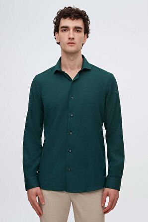 Slim Fit Koyu Yeşil Italyan Yaka Armürlü Uzun Kollu Kolay Ütülenebilir Nefes Alan Dört Mevs 2HF02ORT3185
