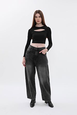 Kadın İspanyol Paça Yüksek Bel Jean Pantolon Antrasit