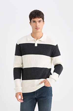 DeFacto Standart Fit Polo Yaka Çizgili Triko Kazak D3590AX24WNER139