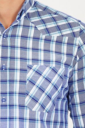 Slim Fit Lacivert Kareli Spor Gömlek | S
