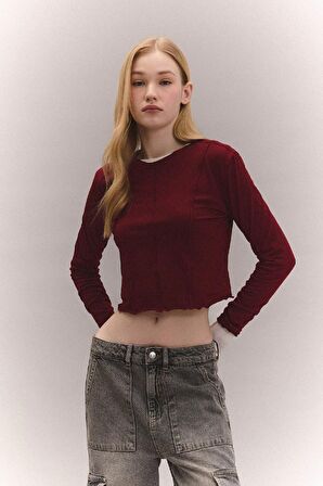 DeFacto Coool Fitted Bisiklet Yaka Basic Düz Crop Uzun Kollu Tişört C4469AX24SPBR182