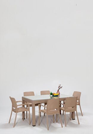 Rattan Large Lüx Camlı Cappucino Masa Takımı Bahçe&balkon 1 Camlı Masa + 6 Sandalye
