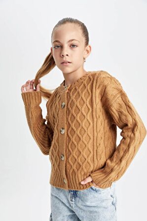 DeFacto Kız Çocuk Triko Basic Düz Bisiklet Yaka Düğmeli Hırka C6937A824AUBG588