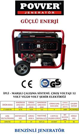POWER LT6500 EN 5,5 Kw - 6,75 Kva BENZİNLİ JENERATÖR İpli Marşlı