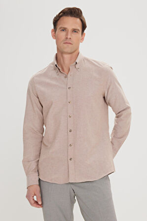 Erkek Vizon Düğmeli Yaka Tailored Slim Fit Oxford Gömlek