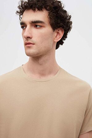 Ds Damat Slim Fit Bej Bisiklet Yaka %100 Pamuklu Nefes Alabilen T-Shirt