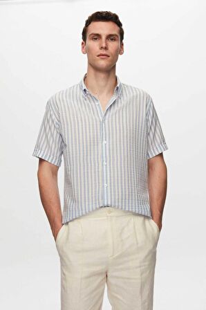 Slim Fit Mavi Gofre Çizgili Kısa Kollu Yazlık Gömlek 8HC02ORT04265