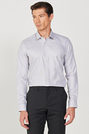Erkek Gri Ütü Gerektirmez Taılored Slim Fit Dar Kesim Klasik Yaka %100 Pamuk Non-Iron Gömlek