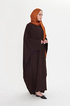 Kahve Yarasa Kol Oversize Medine İpeği Arkası Düğmeli Düz Elbise 4001_14