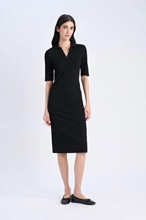 Bodycon Vücudu Saran Polo Yaka Fitilli Kaşkorse Kısa Kollu Midi Elbise