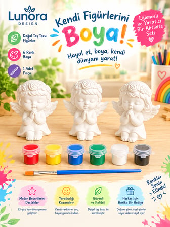 Taş Tozu Boyanabilir Melek Biblo Seti – 3’lü Dekoratif Figür + Boya & Fırça Seti