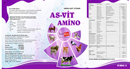Asvit Amino 1lt Zengin İçerikli Hayvan Destek Minerali (Amino asit,Vitamin)-(Ufakbaş-Büyükbaş-kuş grubu)