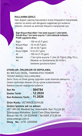 Asvit Amino 1lt Zengin İçerikli Hayvan Destek Minerali (Amino asit,Vitamin)-(Ufakbaş-Büyükbaş-kuş grubu)