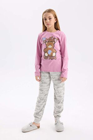 DeFacto Kız Çocuk Pijama Takım Ayıcık Baskılı Uzun Kollu Üst Beli Lastikli Desenli Uzun Alt D2108A824AUBR82