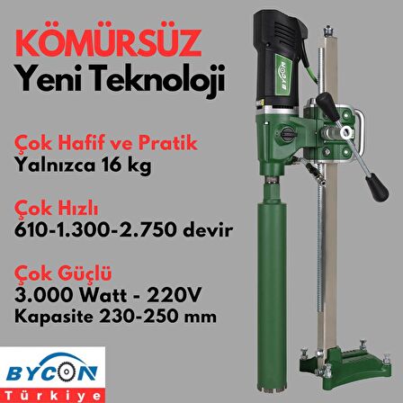 Bycon Kömürsüz 230 mm Delme Kapasiteli Kompakt Sabit Sehpalı Karot Seti
