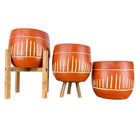 Ev Dekorasyon Aksesuar Dik Çizgi Desenli Toprak Saksı Saksılık Salon Çiçeklik Üçlü Set - 19 CM