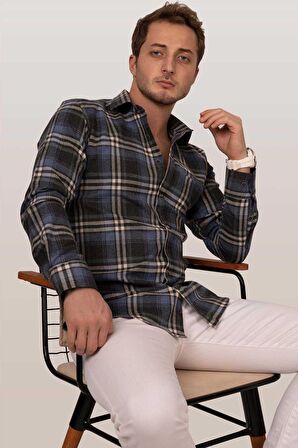 Erkek Lacivert Desenli Oduncu Slimfit Gömlek