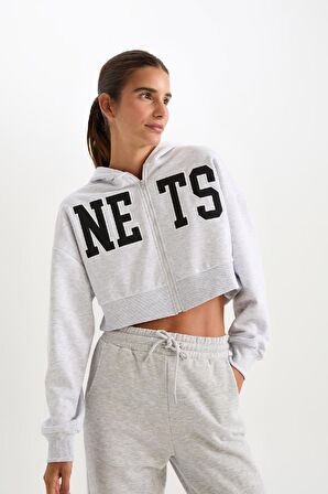DeFactoFit NBA Brooklyn Nets Crop Kalın Fermuarlı Sweatshirt D2362AX24AUGR379