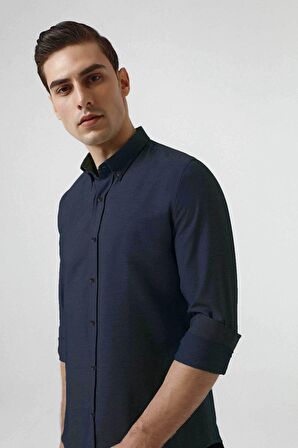 Ds Damat Slim Fit Lacivert Armürlü Düğmeli Yaka Pamuklu Gömlek 5HC02ORT07265 5HC02ORT07265