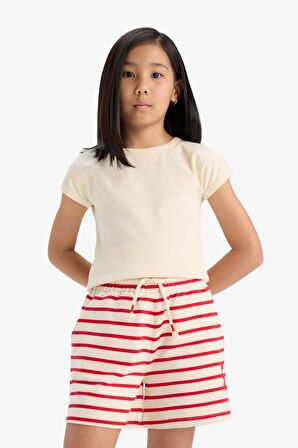Kız Çocuk Beli Lastikli Çizgili Şort