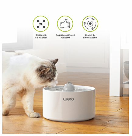 Wero Otomatik Kedi Köpek Su Şelalesi Su Pınarı Su Sebili (Seramik) - Sessiz Çalışma - 2.0 Lt Otomatik Su Temizleme - Beyaz