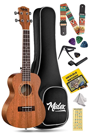 Midex CT-24M Set Maun Concert Ukulele (Softcase Capo Metod Nota Sticker Askı Pena)