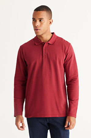 Erkek Bordo Standart Fit Normal Kesim 3 Iplik Içi Polarlı %100 Pamuk Polo Yaka Sweatshirt