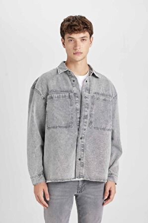 DeFacto Oversize Geniş Kalıp Pamuklu Jean Uzun Kollu Basic Düz Gömlek D0449AX24AUNM18