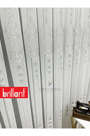 Ayna Gümüş Gri İşlemeli 3 kat Pileli Ütü İstemez Salon Tül Perde