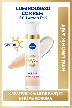 Nivea Luminous630 Koyu Leke Karşıtı CC Yüz Kremi 40ml, SPF30 Güneş Koruyucu, Hyaluronik Asit, Açık Ton