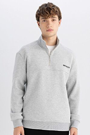DeFacto Relax Fit Dik Yaka Baskılı Fermuarlı Kalın Kumaş Sweatshirt D2165AX24AUGR93