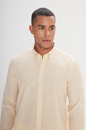 Slim Fit Dar Kesim Gizli Düğmeli Yaka Pamuklu Çizgili Gömlek