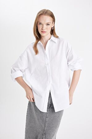 Oversize Fit Gömlek Yaka Basic Düz Oxford Uzun Kollu Gömlek